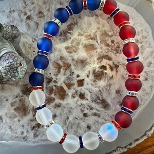 Vibrant Red, White and Blue Beaded Bracelet with Matte Finish